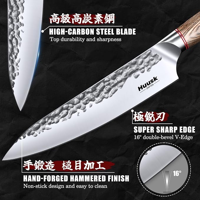 Huusk Japanese Kitchen Knife Set of 2 - Professional Chef Knives Set | Hand Forged Nakiri Vegetable Chopping Knife, Meat Cleaver Knife Set for Meat Cutting, Gift for Chef Men Women