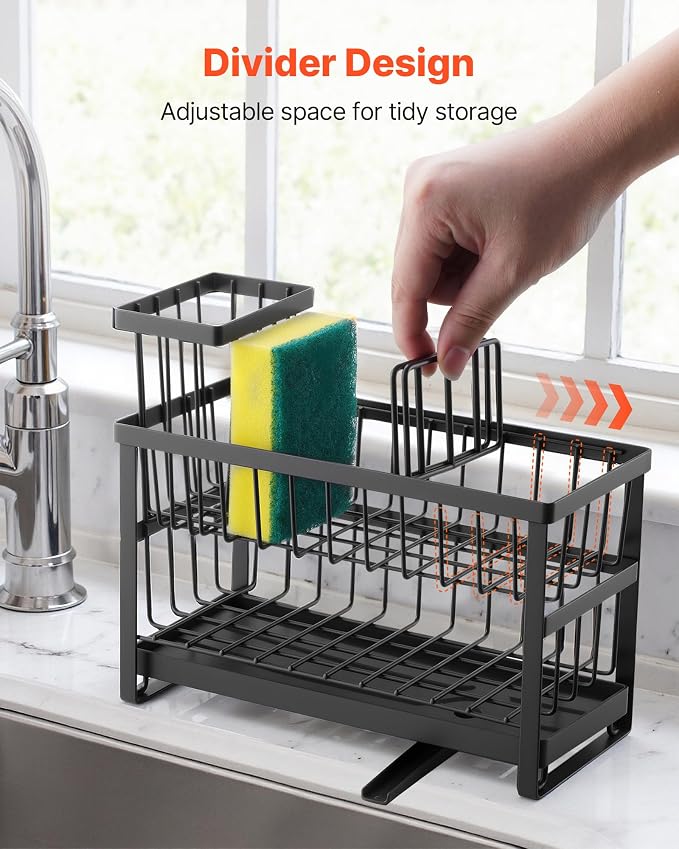 VEVOR Kitchen Sink Caddy Organizer, 2 Tier Sponge Holder for Kitchen Sink with High Brush Holder & Divider, Storage Rack with Rotatable Drainage Spout, Countertop Organizers and Storage Essentials