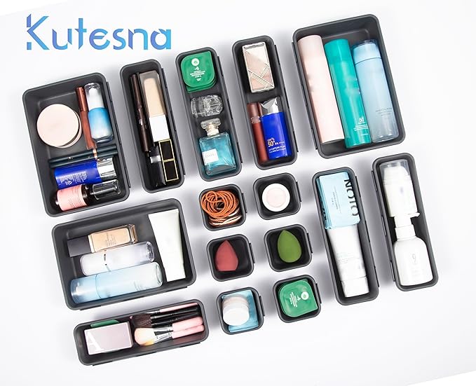 Kutesna 25PCS Interlocking Drawer Organizer, Plastic Desk Organizer Set | 4-Size Versatile Storage Bins,BPA-free, Non-slip, Fits Any Drawer for Cosmetics, Bathroom, Tools, Kitchen and Office