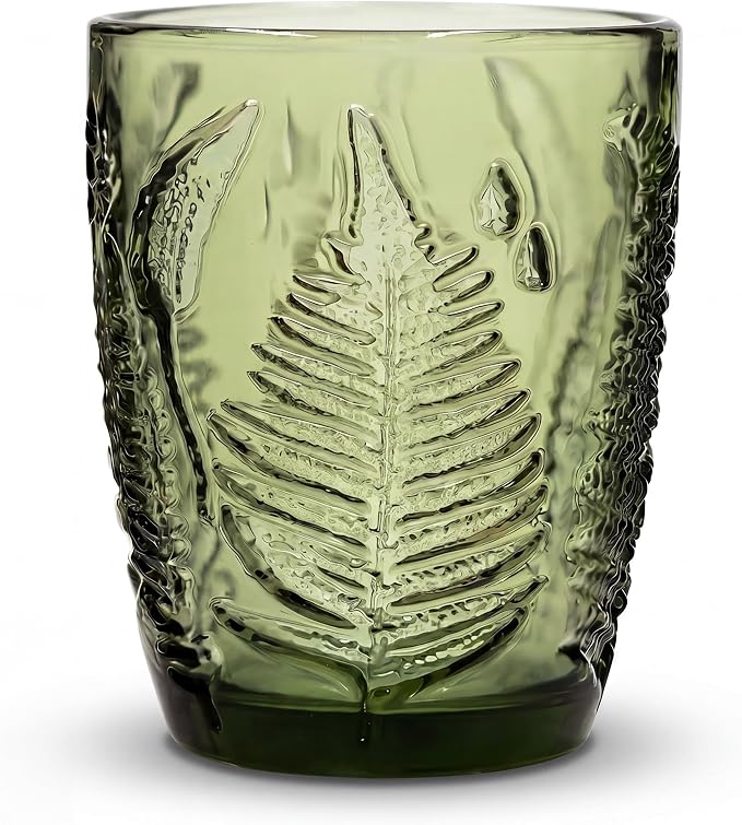 Vintage Green Drinking Glass, 10 oz Hand-Pressed Deep Textured Glass Cup, Fern Embossed Retro Glassware, Decorative Tumbler for Water, Cocktails & Juice, Boho Colored Kitchen Drinkware, Unique Gift