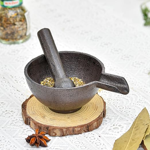 Sungmor Cast Iron 3.9 Inches Mortar with Pour Spout and 3.9 Inches Pestle | Small Heavy Duty Black Spice Grinder Set,Rustic Useful Kitchen Tools for Grinding Spices, Herbs, Nuts and Pesto