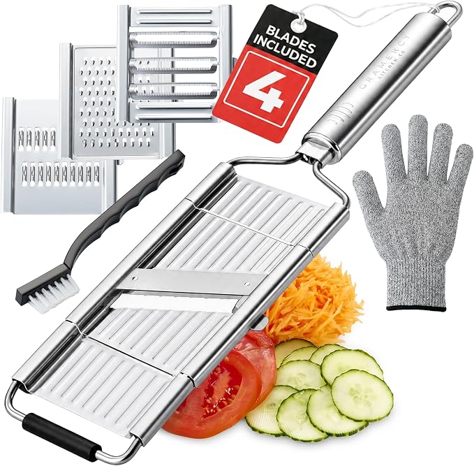 Gramercy Handheld Mandoline Slicer for Kitchen - Stainless Steel Veggie & Fruit Slicer with 4 Blades - Slicer, Julienne & Grater, Cut Resistant Safety Glove & Cleaning Brush Included, Dishwasher Safe