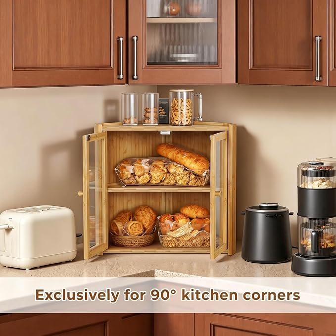BAMBANG Bread Box, Double Layer Bamboo Bread Bin for Homemade Bread Bakers and Corner Kitchen Countertop with Double Doors, Not Suitable for Oversized Loaves, Natural