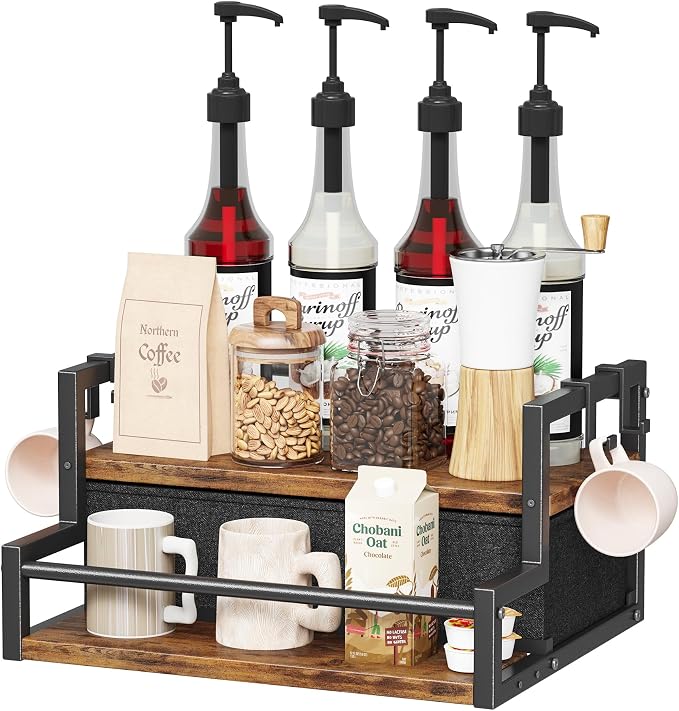 Homeiju Coffee Syrup Organizer Rack with Coffee Pod Drawers and Cup Hook, 2-Tier Coffee Bar Accessories, Wine Bottle Holder Stand, Wine Rack, Storage Shelves for Syrup. (Rustic Brown)