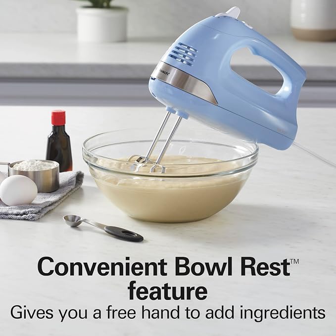 Hamilton Beach 6-Speed Electric Hand Mixer With Easy Clean Beaters | Traditional Beaters | Dough Hooks | Whisk | Snap-On Storage Case | 275 Watt Motor | Blue | 62677J
