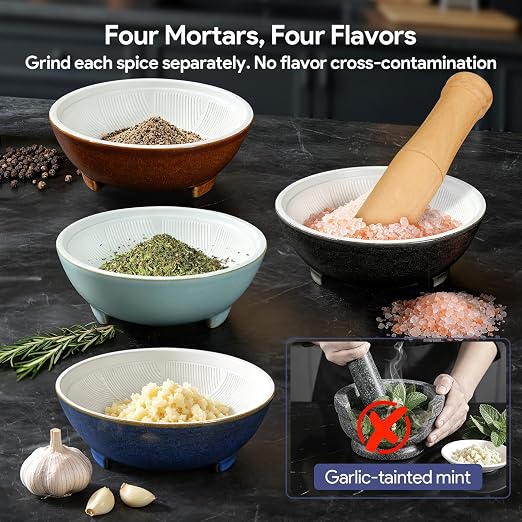 4Pcs Small Ceramic Mortar and Pestle Set with Silicone lids | 1.25 Cup Bowl, Lightweight with Grinding Ridge, High Efficiency Grind Spices, Fresh Guacamole, Spice, Herb, Color-Coded, Gift