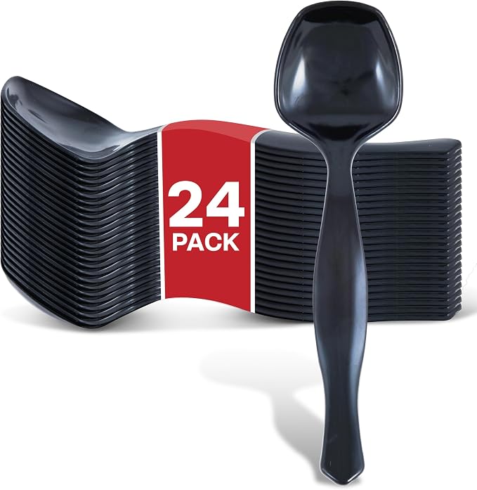 24 Count Disposable Black Plastic Serving Spoons for Catering, Weddings, Holidays and More - Large Plastic Buffet Spoons for Parties, Stock Your Home