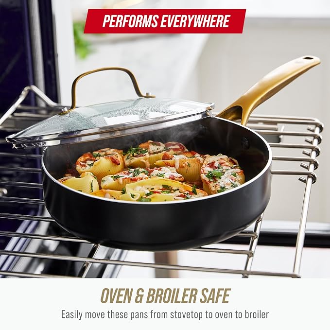 Blue Diamond 14 Piece Induction Nonstick Cookware Set, Diamond Infused PFAS-Free Ceramic Nonstick Pots & Pans, Durable Metal Utensil Safe, Dishwasher Safe, Oven & Broiler to 600F, Black/Gold