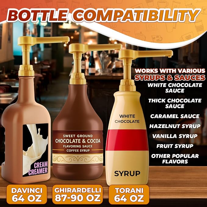 Sauce Pump Dispenser, 0.5oz, Compatible with Torani 64oz (Gold) | Syrup Pump for Coffee Bottle; Compatible with DaVinci (64oz), & Ghirardelli (87-90oz) Bottles; Adjustable Tube, Lockable