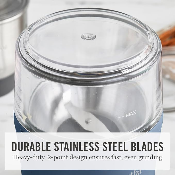 Martha Stewart Electric Coffee & Spice Grinder with Dual Bowls, Indigo Blue | Dual 2.5oz Removable Bowls for Coffee Beans, Nuts, Herbs & Spices, Stainless Steel Blade, One-Touch Pulse Control, Easy Clean