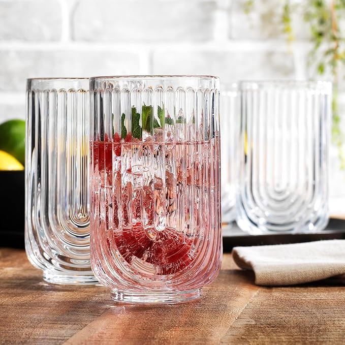 Glaver's 16-Piece Drinking Glass Set, Art Deco Ribbed Arch Design, Clear U-Shape Glassware, 17oz Highball and 11oz DOF Glasses