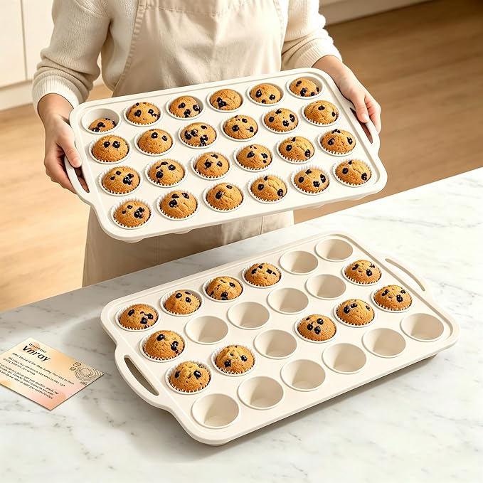 Beige Mini Silicone Muffin Molds: 2 Pack 24 Small Cupcake Mold for Baking | Silicone Mini Muffin Tray for Various Recipes - Molds with Metal Frame for Oven - for Baking Lovers Vnray