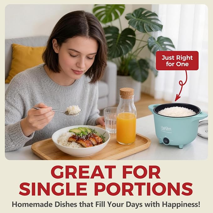 AshGlen Small Rice Cooker 2-Cup uncooked/ 4-Cup Cooked, Mini Hot Pot Electric, Mini Electric Pot, Ceramic Rice Cooker, Small Rice Steamer, Noodle & Oatmeal Cooker, Dual Modes, Single Serve, Aqua