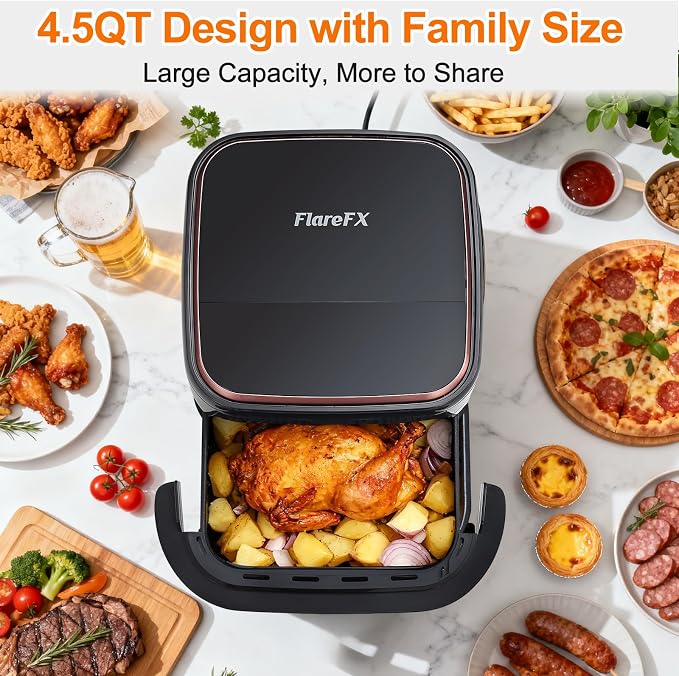 4.5QT Air Fryer Pizza Oven with 11 Presets Fits 11'' Pizza & 32 Chicken Wings, Flat Air Fryers with Dual Heating & Touch Display, Nonstick Crisps Airfryer for Cooking, Dehydrate, Reheat & More