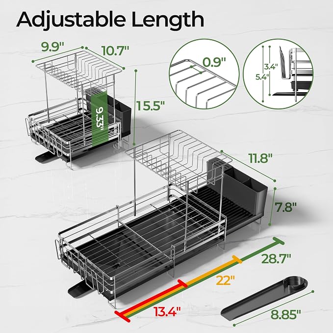 Large 2 Tier Dish Drying Rack, Extendable Dish Rack, Stainless Steel Anti-Rust Dish Rack for Kitchen Counter, Multifunctional Dish Drainer with Utensil & Cup Holder, 13.4"-28.7" L x 11.8" W