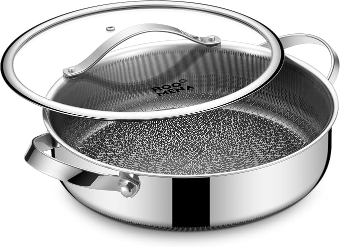 Roomena Frying Pans Nonstick with Lid, Hybrid Ceramic Nonstick Tri-Ply Saute Pan with Lid, PFAS/PFOA/PTFE Free, Metal Utensil Safe, Dishwasher & Oven Safe, Induction Compatible