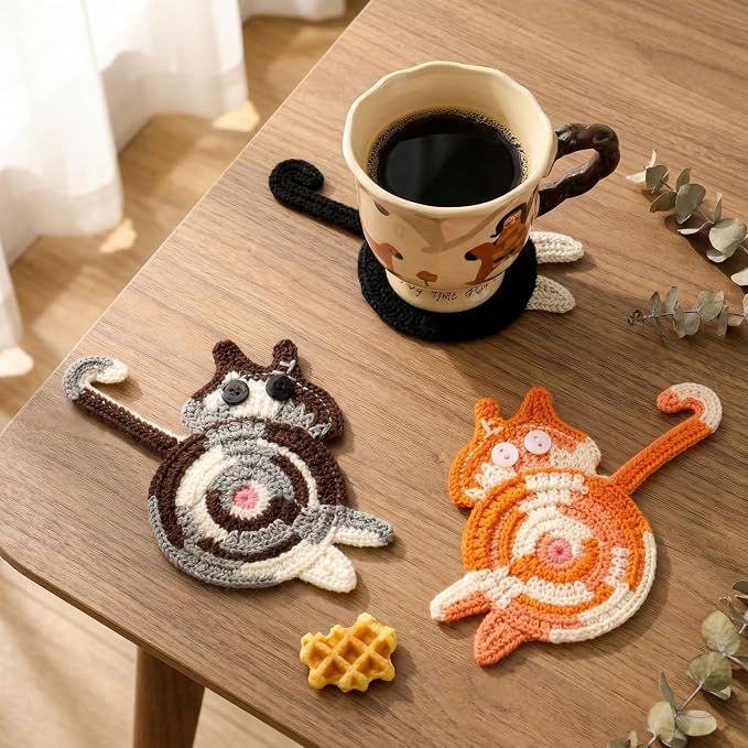 Cat Gifts for Cat Lovers 3PCS Cat Coaster Woven Creative Cat Coaster