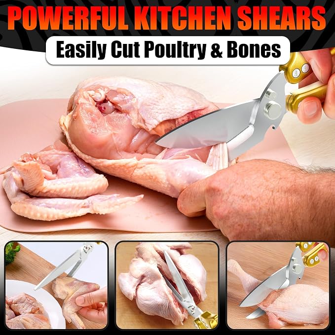 Kitchen Shears Heavy Duty, Safety Lock, Stainless Steel (Gold) | Poultry Shears for Chicken, Turkey, Spatchcock, Fish; Bone Cutting Scissors, Micro-Serrated, Spring-Loaded, Separate to Clean