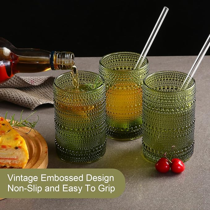 ZMOWIPDL Drinking Glasses Set of 6,15 oz Green Hobnail Glass Cups | Vintage Glassware，Embossed Water Tumbler,for Beer,Cocktail,Whiskey,Juice and Various Mixed Drinks- 1 Cleaning Brush