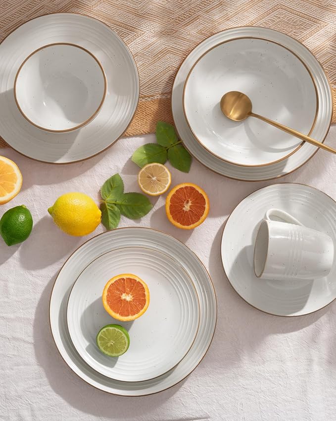 Famiware Jupiter Stoneware Dinnerware Sets, 18-Piece Speckled Dishes for 6 | Ceramic Plates & Bowls with Rim, Chip & Scratch Resistant, Microwave & Dishwasher Safe, Everyday & Formal Use, Neutral White