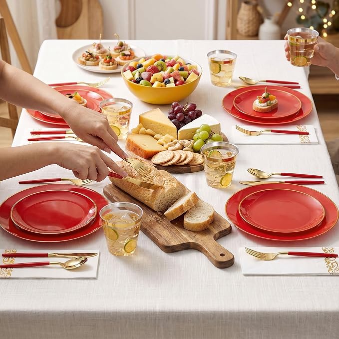 350 PCS Red Plastic Dinnerware Set, Red and Gold Rim Disposable Plates for 50 Guests, Include 100 Plates with 150 Plastic Cutlery, 50 Napkins and 50 Cups