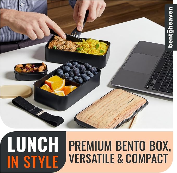 Bentoheaven Bento Box Adult, Stackable Lunch Box, 40 oz, Symph Onyx | BPA-free, leakproof and microwave-safe with 2 compartments, utensils, chopsticks, divider and sauce cup for men and women.