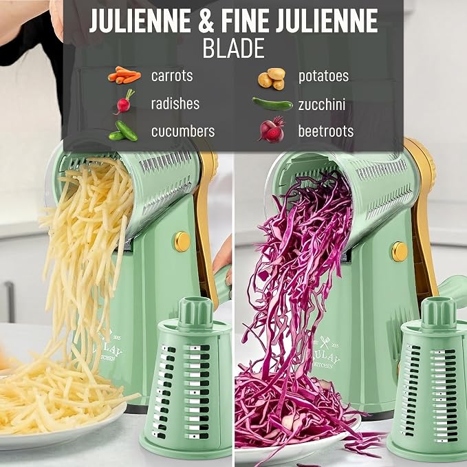 Zulay Kitchen Rotary Cheese Grater 5 Blade Cheese Shredder - Manual Hand Crank Cheese Grater With Reinforced Suction & 5 Interchangeable Drums - Easy to Use, Vegetable Chopper Round Mandoline Slicer