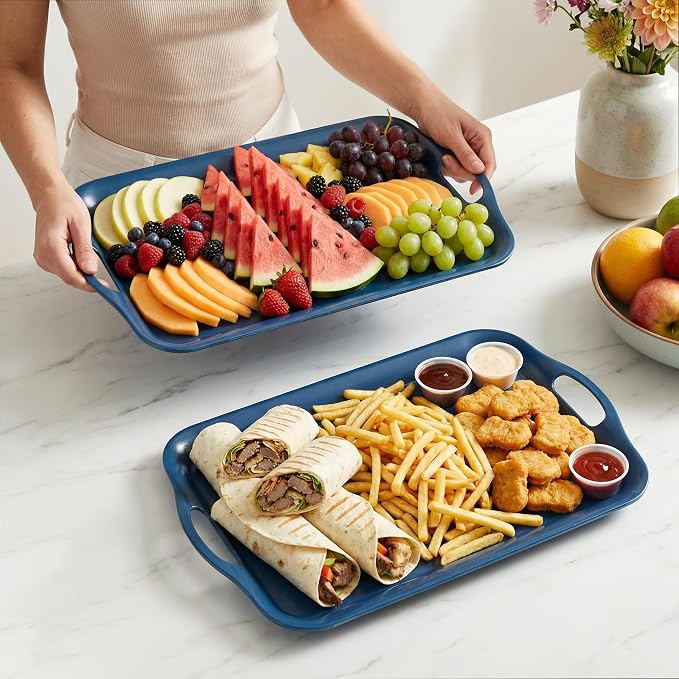 KINGEN 2-Pack Navy Blue Bamboo Fiber Serving Trays - 18×13-inch Extra Large w/Handles Tray, Platters for 4th of July, Christmas, BBQ, Picnic, Outdoor Dining - Durable, Lightweight (Classic Blue)
