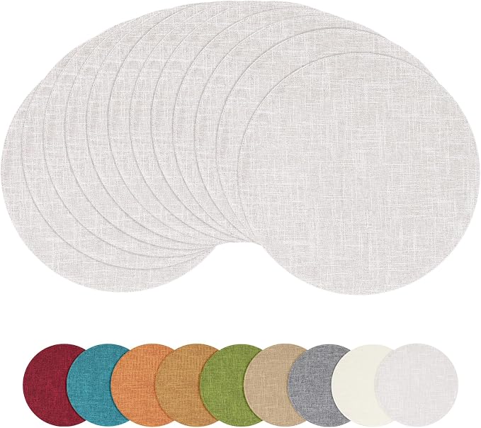 Cotton Linen 15 Inch Round Cloth Place mats, Set of 12, Beige | Washable Table Mats, Heat Resistant, Reversible, Wipeable Place Mats for Indoor Outdoor