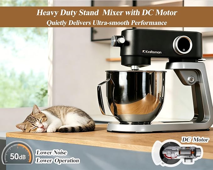 Stand Mixer Powerful DC Motor, Heavy Duty Dough Mixer 5.3 QT | Multifuncational Kitchen Mixer with 4 Stainless Steel Attachments and Universal Hub, Quiet Operation with Timer, 8-Speed