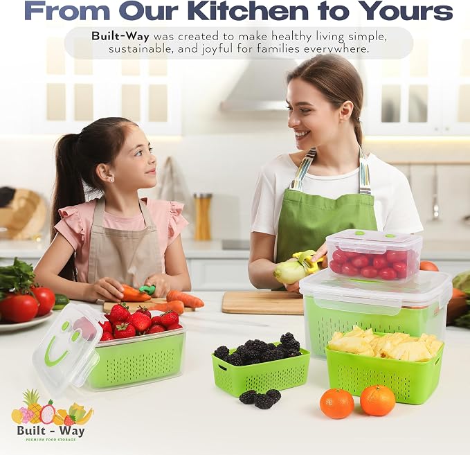Fruit Storage Containers for Fridge - Set of 4 - Airtight Lid Keeps Fresh - For Fruit & Vegetable Storage - Space-Saving Design - Ideal for Produce, Berries, Snacks - Green