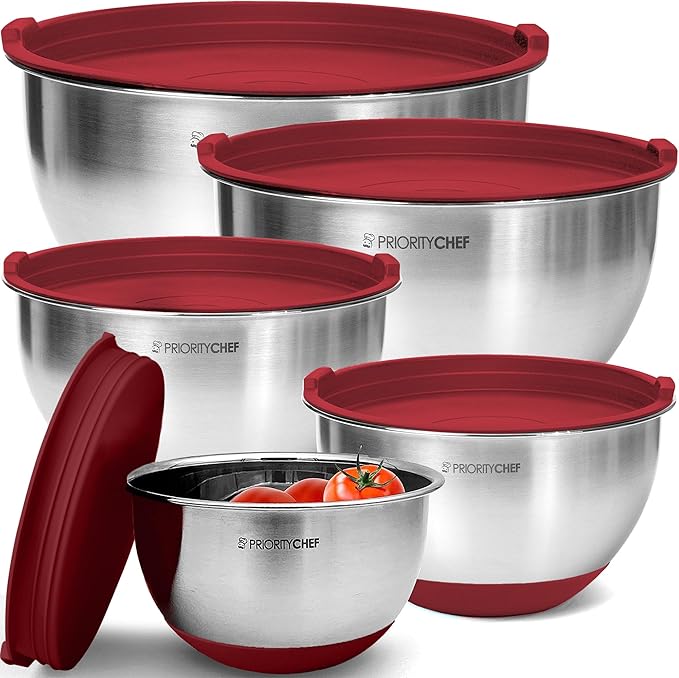 Premium Mixing Bowls With Airtight Lids Set, Thicker Stainless Steel Mixing Bowl Set, Large Prep Metal Bowls with Lids, Nesting Bowls for Kitchen, 1.5/2/3/4/5 Qrt, Red