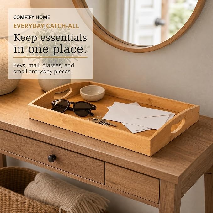 Comfify Bamboo Serving Trays – Set of 3 Ottoman Trays for Food, Entertaining, and Decor – Minimalist Design | Natural bamboo wood; for coffee table, breakfast tray and bathroom organizer; S: 12", M: 14.5", L: 16.25" – hand wash only