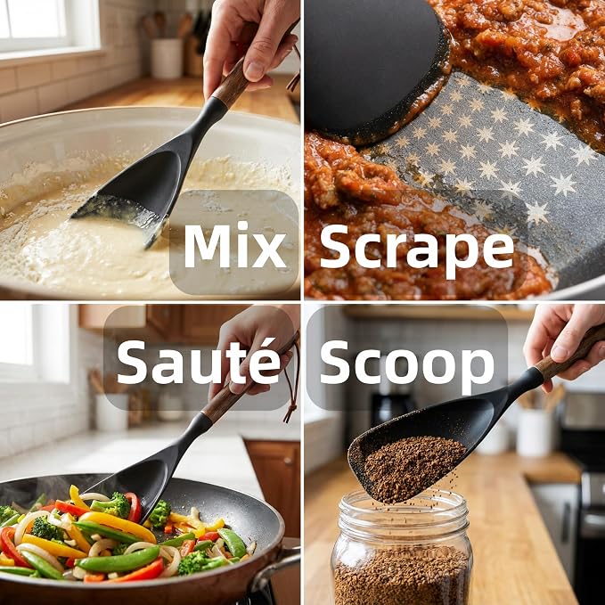 2-Pack Silicone Spoonula with Wooden Handle, BPA-Free Spatula Spoon for Nonstick Cookware, Heat Resistant Cooking Spoon for Mixing, Scraping, Scooping and Serving(Black)