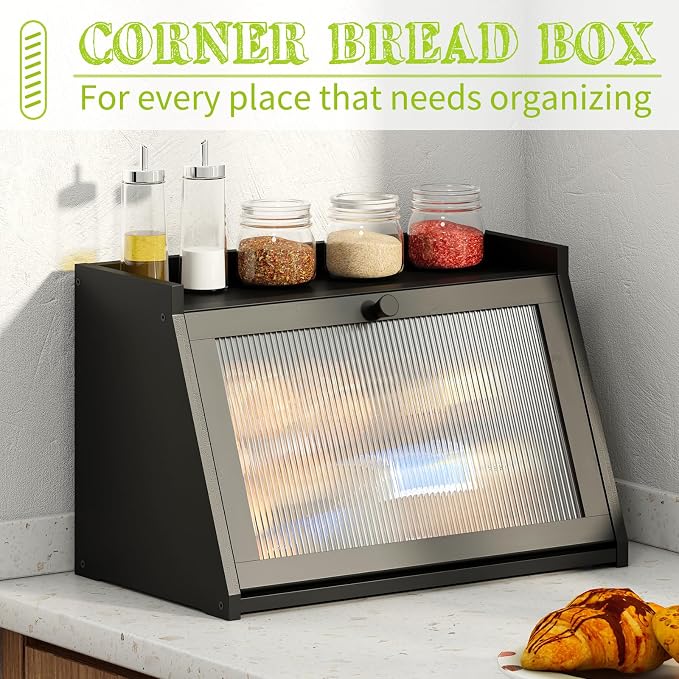 BMOSU Bread Box for Kitchen Countertop Large Capacity Corner Bread Box Farmhouse Bread Container Bread Storage Bread Holder (Black, Large)