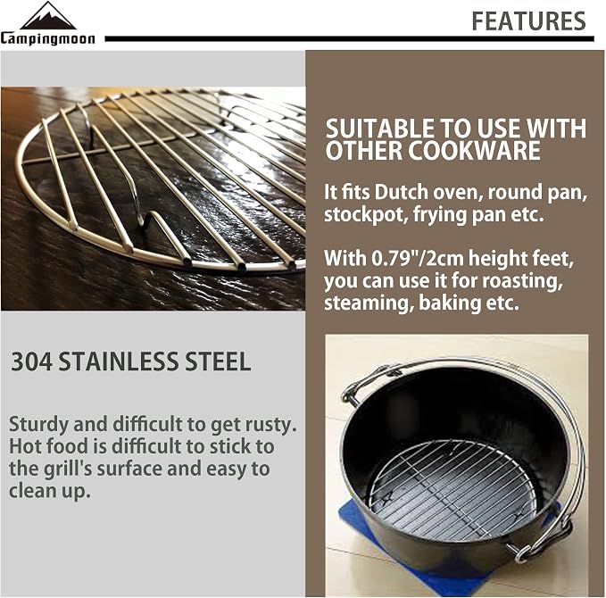 CAMPINGMOON Round Roasting Baking Steaming Cooling Rack Cooking Grid Grill Stainless Steel Fits for Dutch Oven (Diameter φ6.7inch, W17)