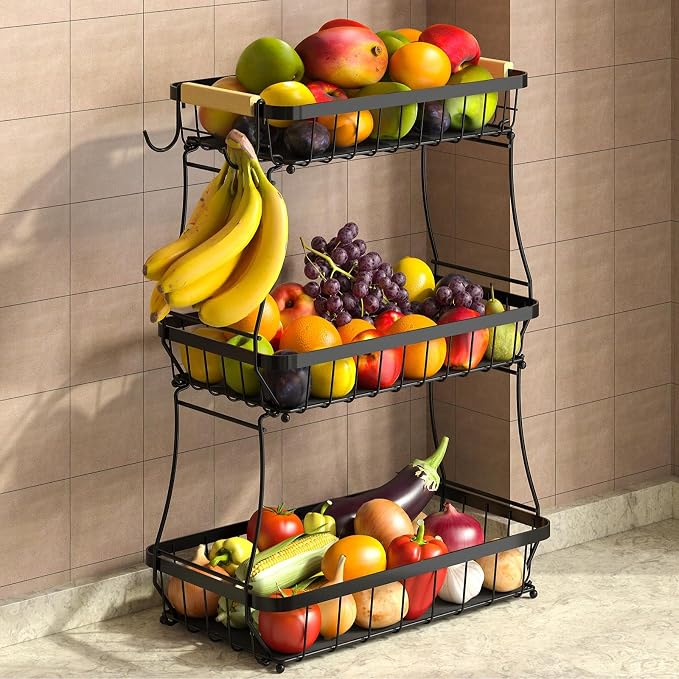 3-Tier Fruit Basket with Banana Hangers, Detachable Metal Bowl | Wooden handle, protective mats included. Versatile holder for bread, snacks, and veggies. Large 3 tier metal design.