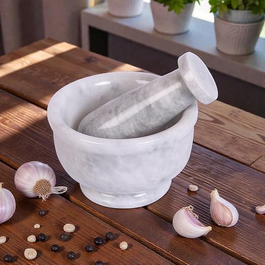 Marble Mortar & Pestle Kitchen Set – 4 Inch White Herb Grinder, Spice Grinder, Pill Crusher, Fine Powder Grinder, Avocado Masher & Coffee Mortar – Premium Large Hand Grinder Tool