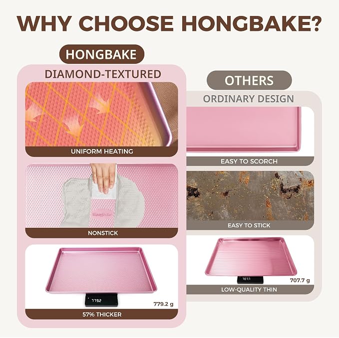 9-Piece Baking Pans Set Nonstick, Stackable Non Toxic Bakeware Sets with Diamond Texture, Oven Pan Set for Cooking, Includes Cookie Sheet with Rack, Cake Pan, Roasting Pan, Muffin Tin, Pink