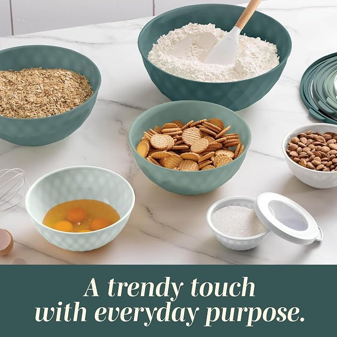 COOK WITH COLOR Mixing Bowls with Lids - 12 Piece Plastic Nesting Bowls Set includes 6 Prep Bowls and 6 Lids, Microwave Safe Mixing Bowl Set, Green Diamond