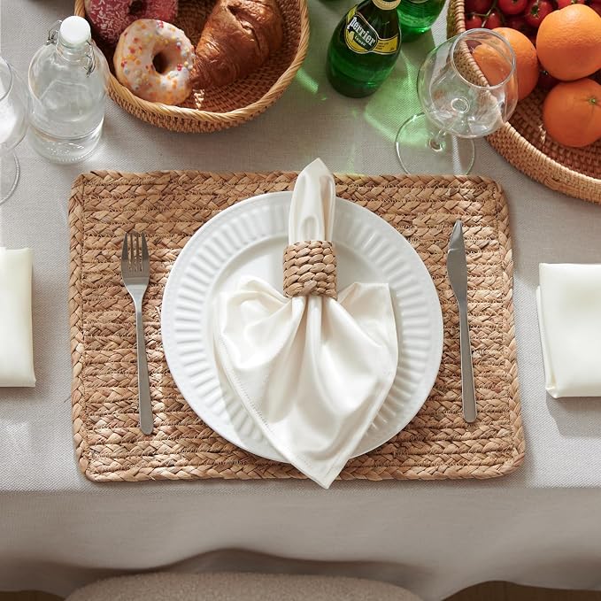 Woven Placemats Set of 6, 17" x 12" Rattan Table Mats, Natural Water Hyacinth Chargers for Dinner Plates, Wicker Placemats for Dining Table, Home, Wedding