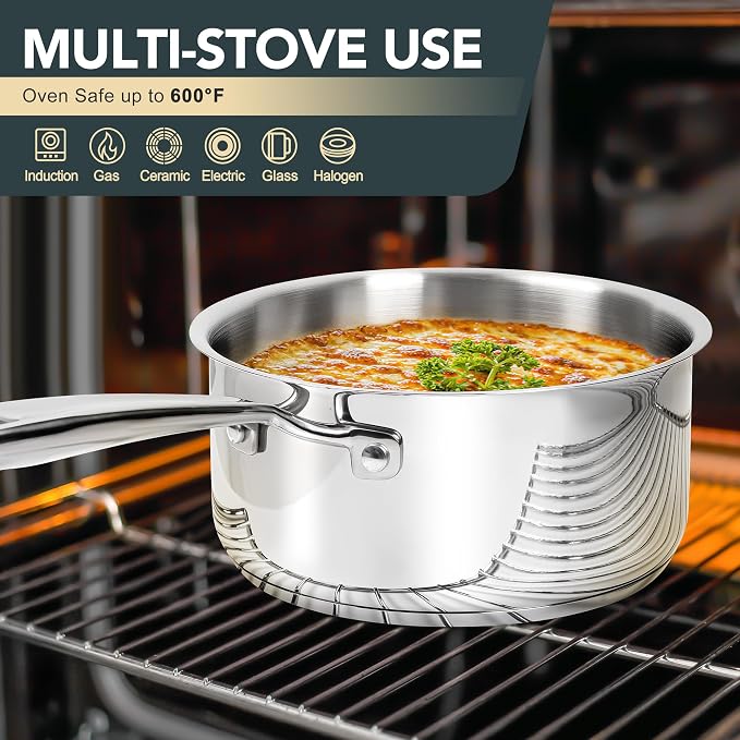 MICHELANGELO Stainless Steel Saucepan Set with Lid, Premium Triply Stainless Steel Sauce Pan with Cool Handle, Nonstick Sauce Pot Set for Kitchen Cooking, Induction Compatible, 1QT & 2QT & 3QT