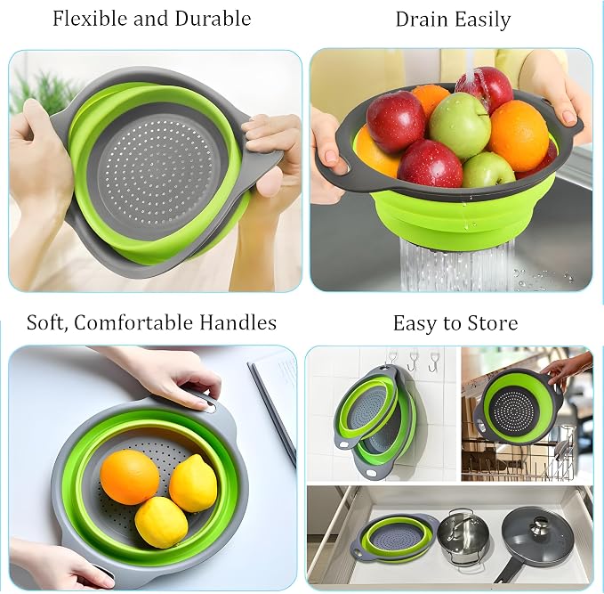 UVB Collapsible Colander Set, Foldable Kitchen Strainer for Pasta, Vegetables & Fruit, Complete Kitchen Set with 2 Stainless Steel Hooks & 2 Silicone Funnels – Green