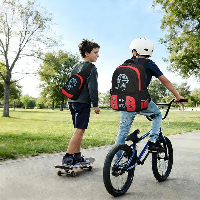 Backpack for School Boys, Cool Luminous Gamer Boys Schoolbag | with Lunch Box & Pencil Case Set for Kids Teens Elementary Middle School, Bookbag Glow In The Dark