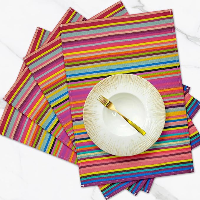 Rainbow Placemats Set of 4, 12x18 Inch Faux Linen Table Mats | Heat Resistant and Washable Design, Easy to Clean Surface for Dining Rooms, Kitchens, Outdoor Parties and Everyday Home Decor
