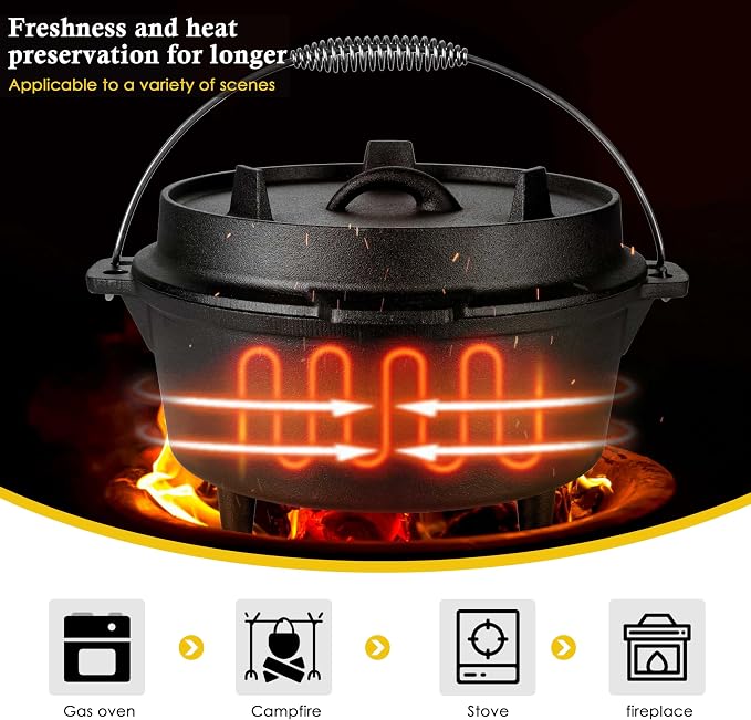 Leonyo 5QT Camping Dutch Oven with Lid Lifter, Pre-Seasoned & Cast Iron | 2-IN-1 Cast Iron Camping Dutch Oven, Heat Conduction & Good Sealing & Heavy Duty