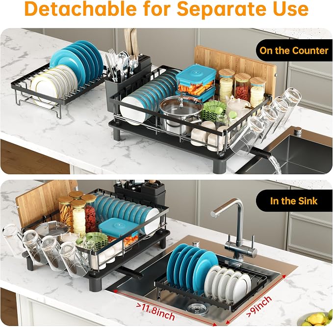 2 Tier Large Detachable Dish Drying Rack for Kitchen Counter,Black | Compact Drying Rack Kitchen, Rust-Resistant Dish Drainer Organizer, Space-Saving Dish Racks with Drainboard, Utensil Holder