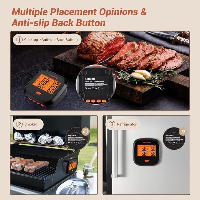INKBIRD WiFi Meat Thermometer IBBQ-4T, Wireless BBQ Thermometer for Smoker | APP Calibration Temp Graph, Mobile Notification Timer Alarm Backlit, Rechargeable Digital Grill Thermometer, 4 Probes, Magnet