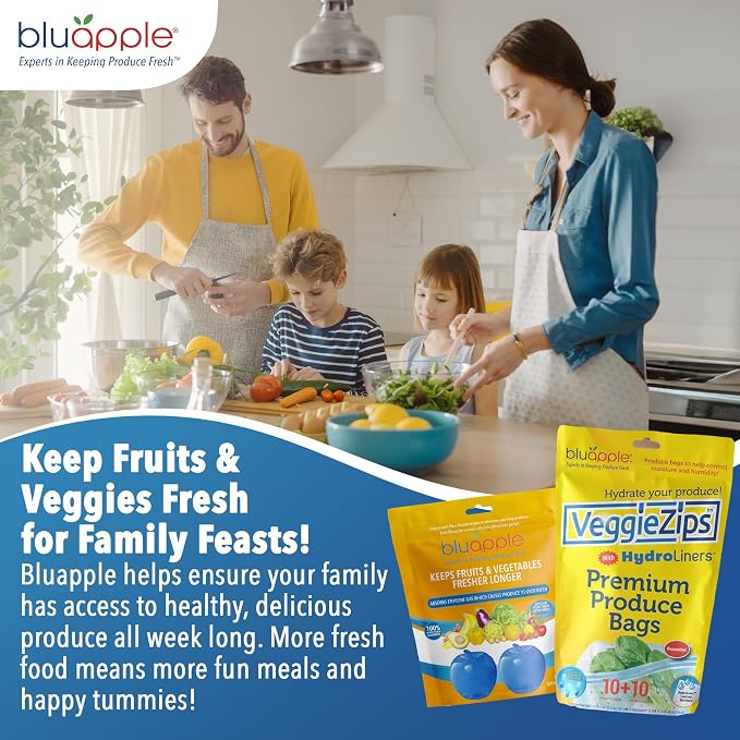 Bluapple Produce Saver Ethylene Gas Absorber - Fresh Fruit & Vegetable Storage, VeggieZips Humidity Control Storage Bags, Food Savers for Refrigerator, Kitchen Must Haves, BPA Free - Starter Pack