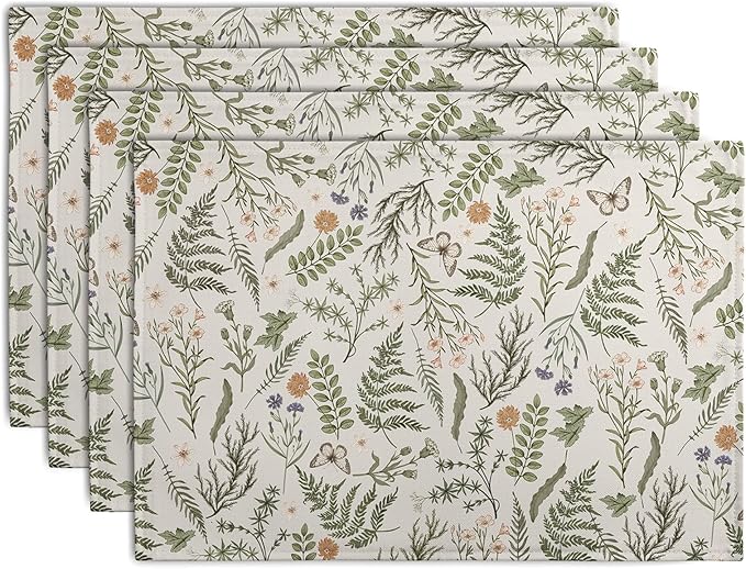 Sage Green Wild Flower Spring Summer Placemats Set of 4 Seasonal Wildflower Plants Herbs Linen Table Mats 12x18 Inch Vintage Floral Place Mats for Farmhouse Kitchen Dining Decoration